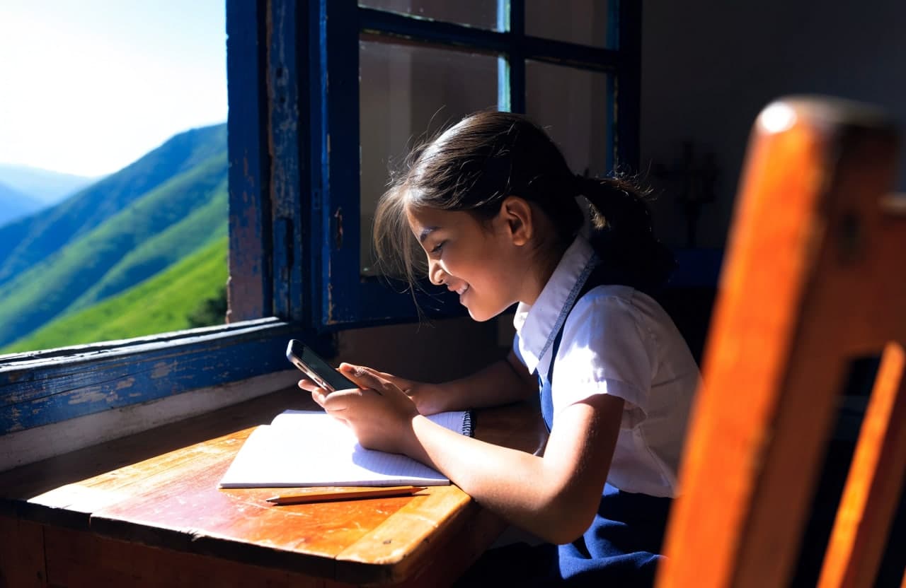 Estudiante de una sede rural hace su tarea del aula virtual desde el celular, junto a la ventana