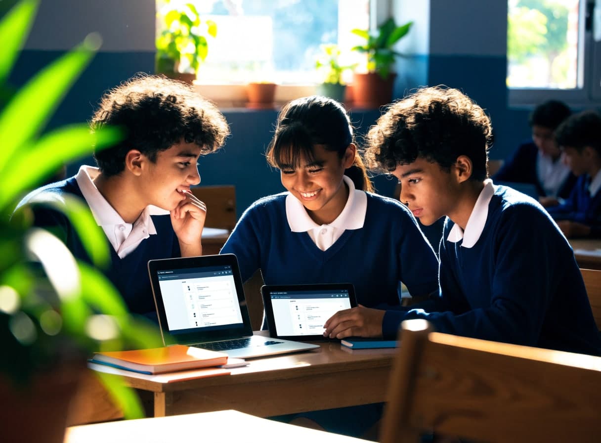 Tres estudiantes de bachillerato con uniforme resuelven una lección del aula virtual en un portátil y una tableta