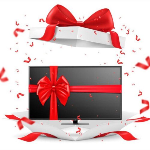 Tv de plasma con cinta roja y lazo dentro de la caja de regalo abierta representación 3d concepto de regalo ilustración vectorial